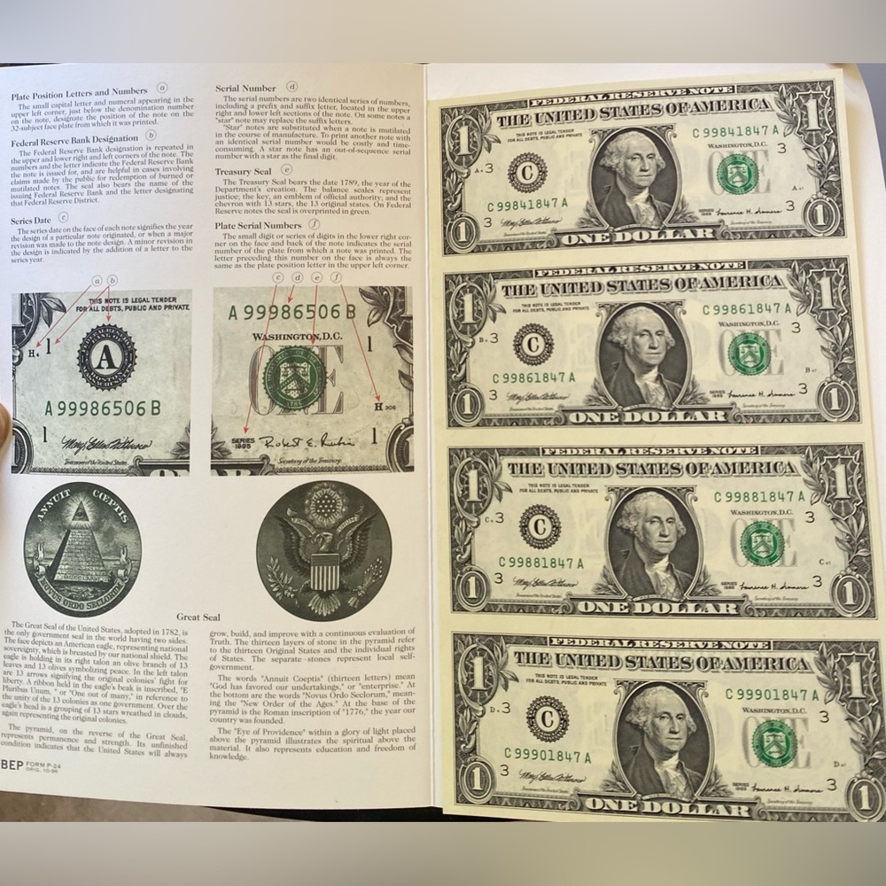 UNCUT 1999 FEDERAL RESERVE BUREAU OF ENGRAVINGS AND PRINTING 1$ COLLECTION SET